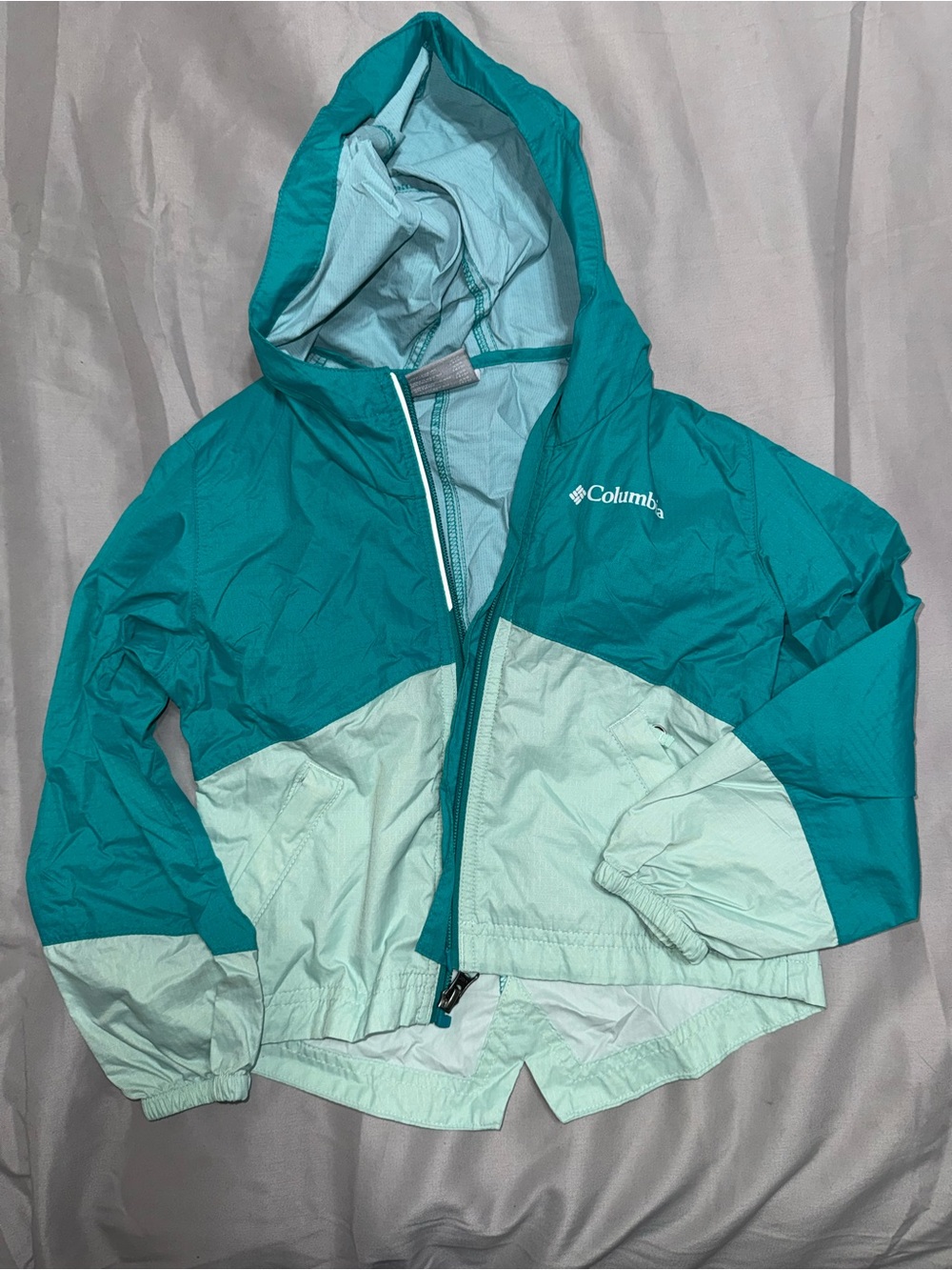GUC | Size 4/5| Columbia Teal & Mint Hooded Colorblock Rain Jacket